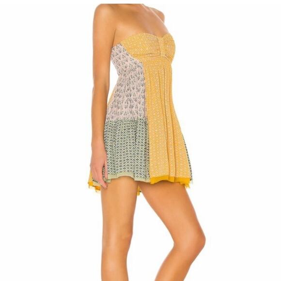 Free People Across The Sea Strapless Yellow Patchwork Tunic Mini Dress medium - Picture 2 of 9